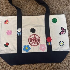 Cream Canvas Tote Bag with Black Trim and Floral Patches